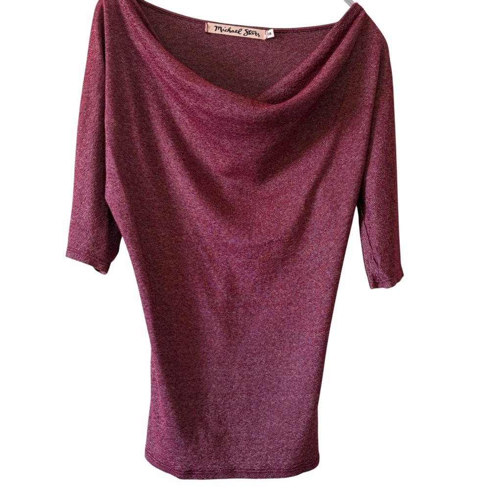 Michael Stars Shimmer Drape Cowl Neck Top OS garnet